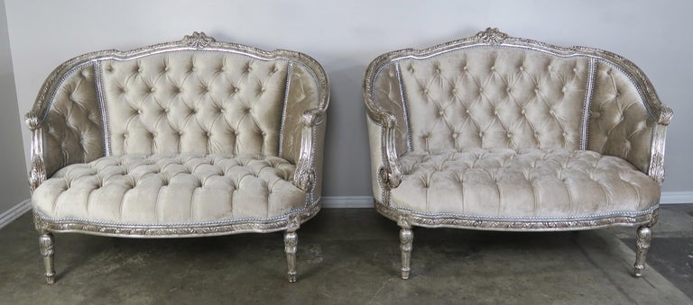 1930's French Carved Silver Gilt Velvet Tufted Settees, Pair