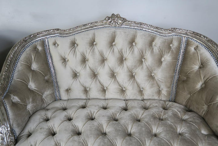 1930's French Carved Silver Gilt Velvet Tufted Settees, Pair