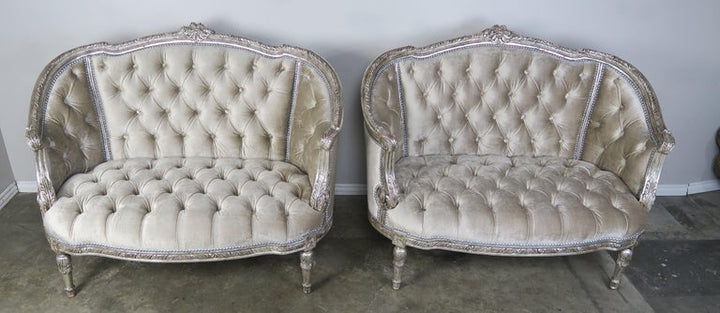 1930's French Carved Silver Gilt Velvet Tufted Settees, Pair