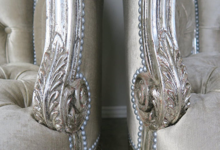 1930's French Carved Silver Gilt Velvet Tufted Settees, Pair