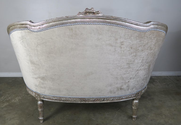 1930's French Carved Silver Gilt Velvet Tufted Settees, Pair