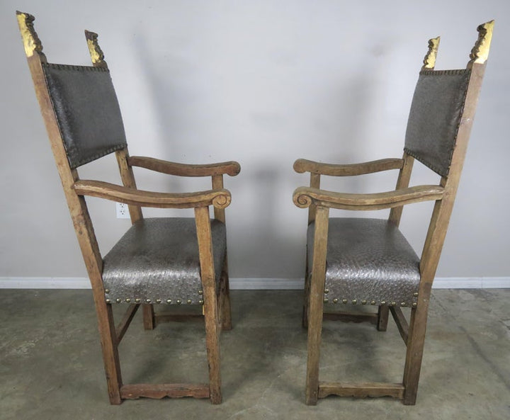 18th C. Spanish Armchairs w/ Gilt Wood Finials - a Pair