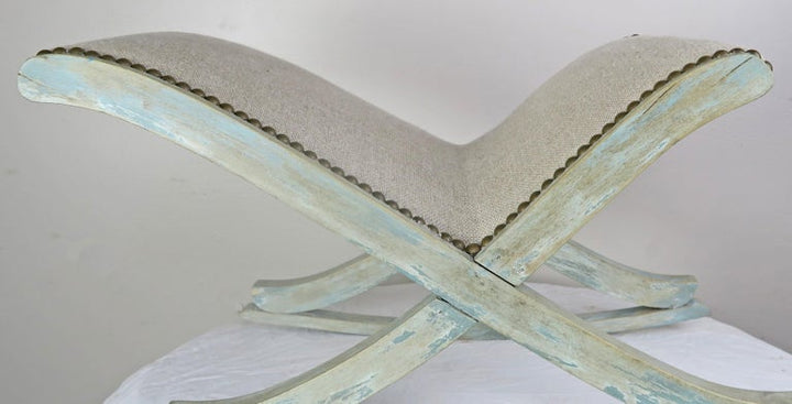 French Painted "X" Rocking Bench with Linen Upholstery, circa 1930s