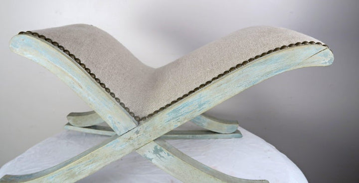 French Painted "X" Rocking Bench with Linen Upholstery, circa 1930s