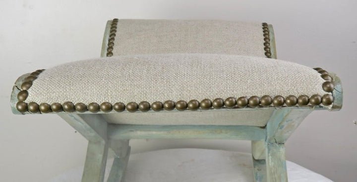 French Painted "X" Rocking Bench with Linen Upholstery, circa 1930s