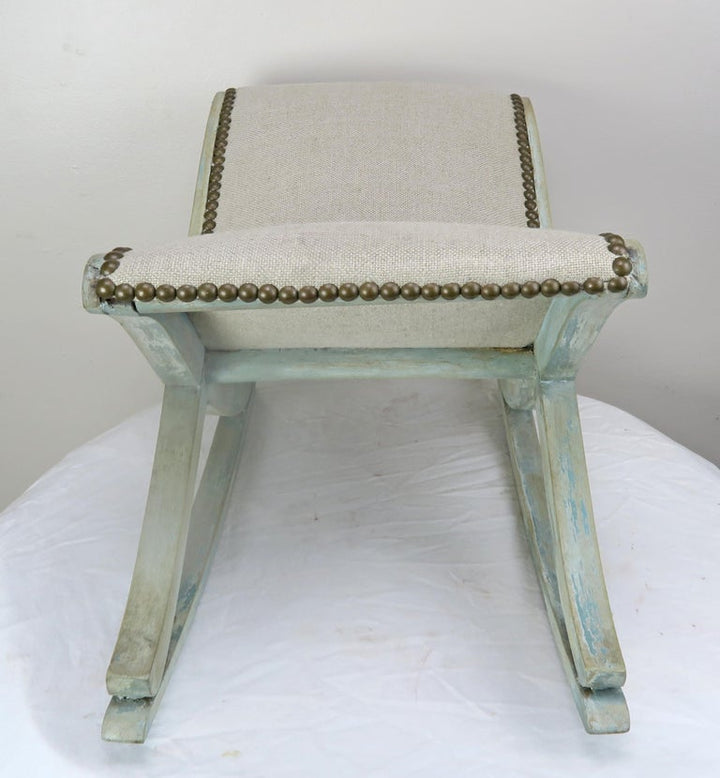 French Painted "X" Rocking Bench with Linen Upholstery, circa 1930s