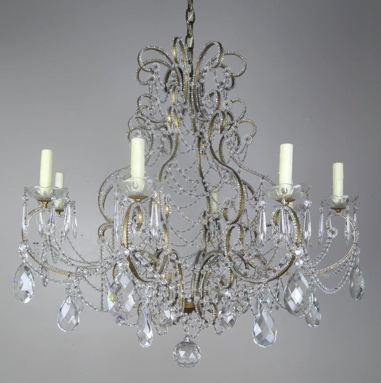 French Crystal Beaded 8-Arm Chandelier, 20th Century