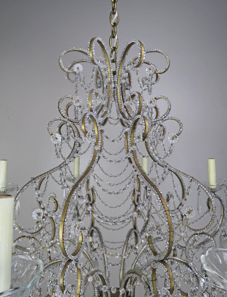 French Crystal Beaded 8-Arm Chandelier, 20th Century