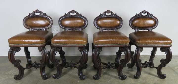 Set of Four French Embossed Leather Stools, circa 1900