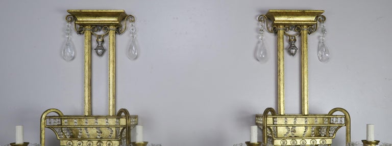 Pair of French Bronze and Rock Crystal 2-Light Sconces