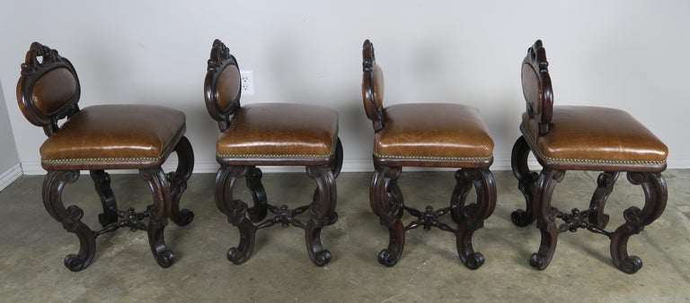 Set of Four French Embossed Leather Stools, circa 1900