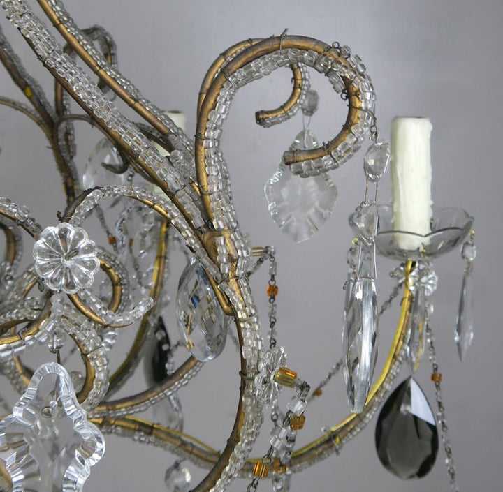 Eight Light Italian Crystal Beaded Chandelier with Smokey Drops