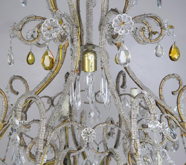 Eight Light Italian Crystal Beaded Chandelier with Smokey Drops