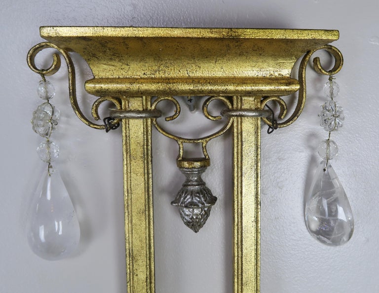 Pair of French Bronze and Rock Crystal 2-Light Sconces