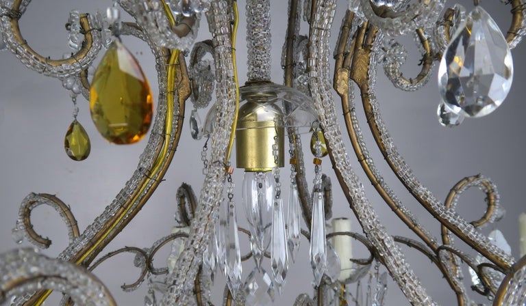 Eight Light Italian Crystal Beaded Chandelier with Smokey Drops