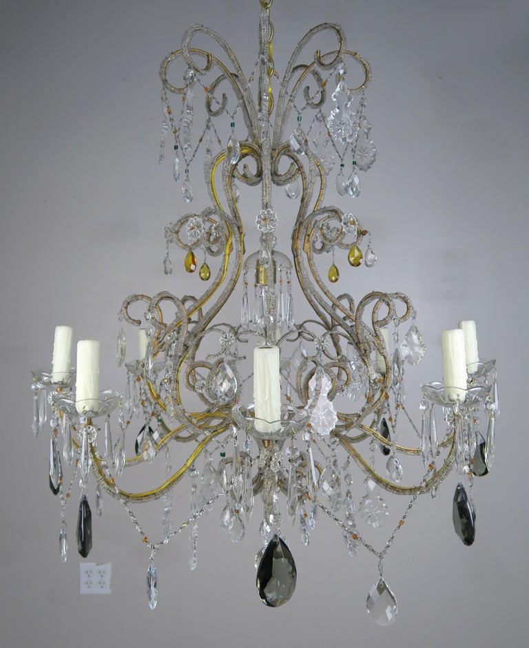 Eight Light Italian Crystal Beaded Chandelier with Smokey Drops