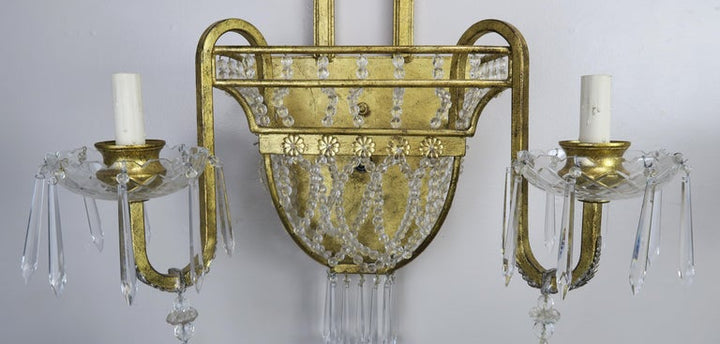 Pair of French Bronze and Rock Crystal 2-Light Sconces