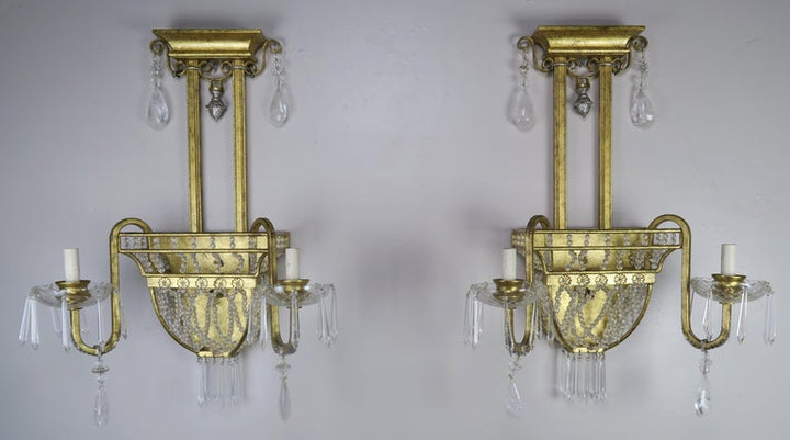 Pair of French Bronze and Rock Crystal 2-Light Sconces