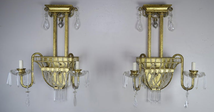 Pair of French Bronze and Rock Crystal 2-Light Sconces