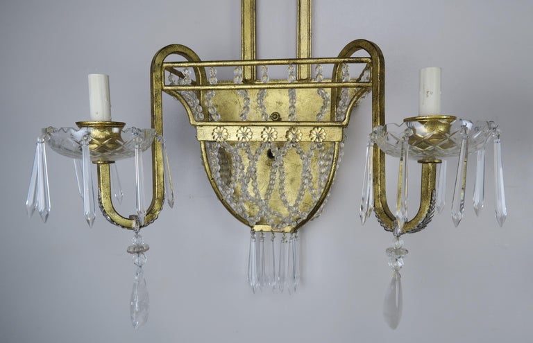 Pair of French Bronze and Rock Crystal 2-Light Sconces