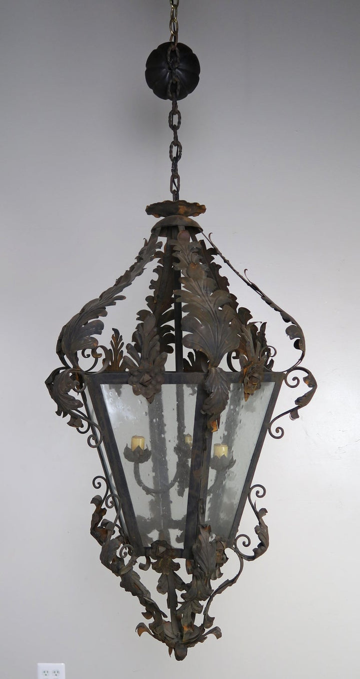 Spanish Wrought Iron and Reeded Glass Lantern, circa 1930s