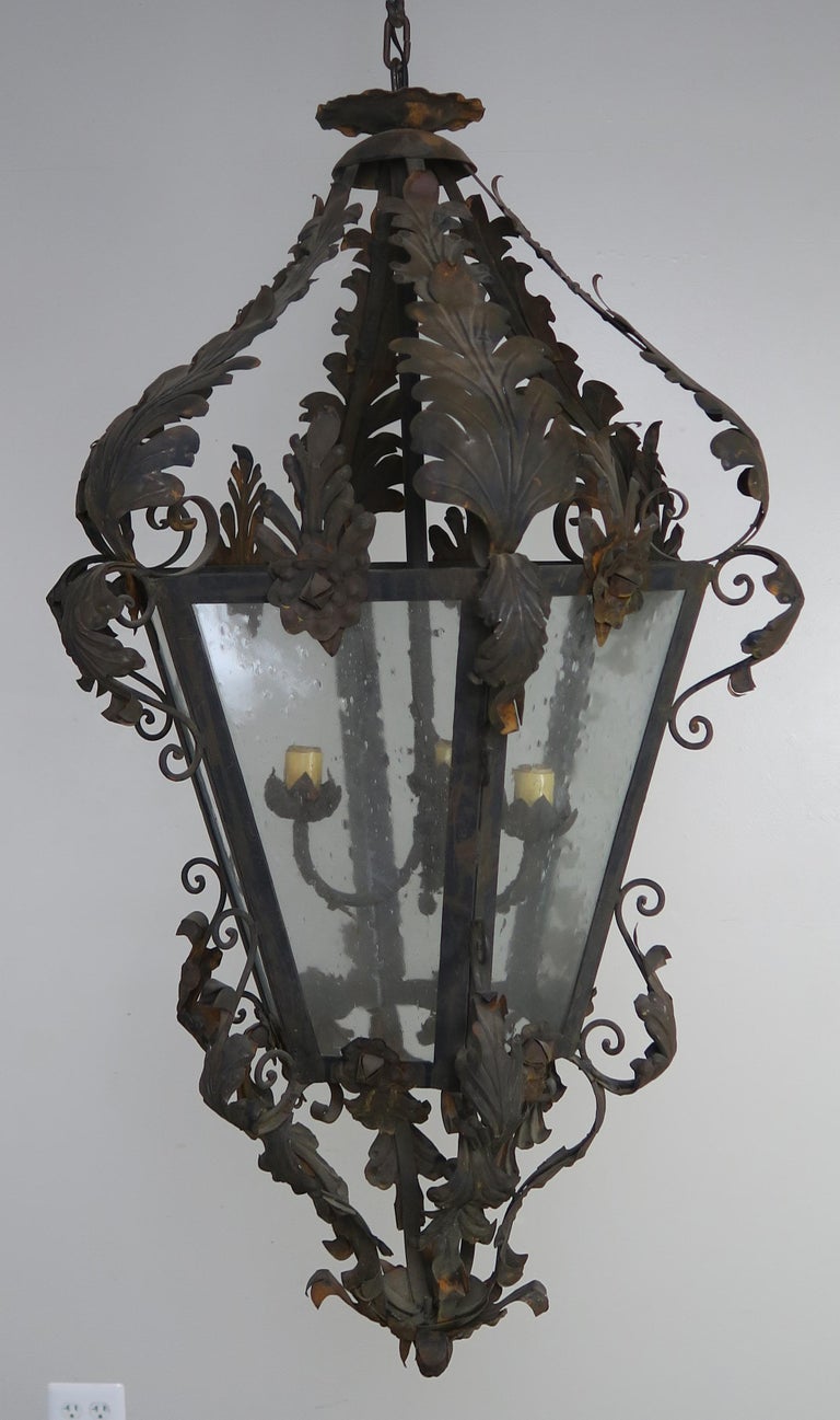 Spanish Wrought Iron and Reeded Glass Lantern, circa 1930s