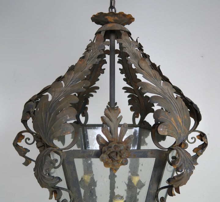 Spanish Wrought Iron and Reeded Glass Lantern, circa 1930s