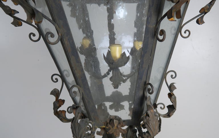 Spanish Wrought Iron and Reeded Glass Lantern, circa 1930s