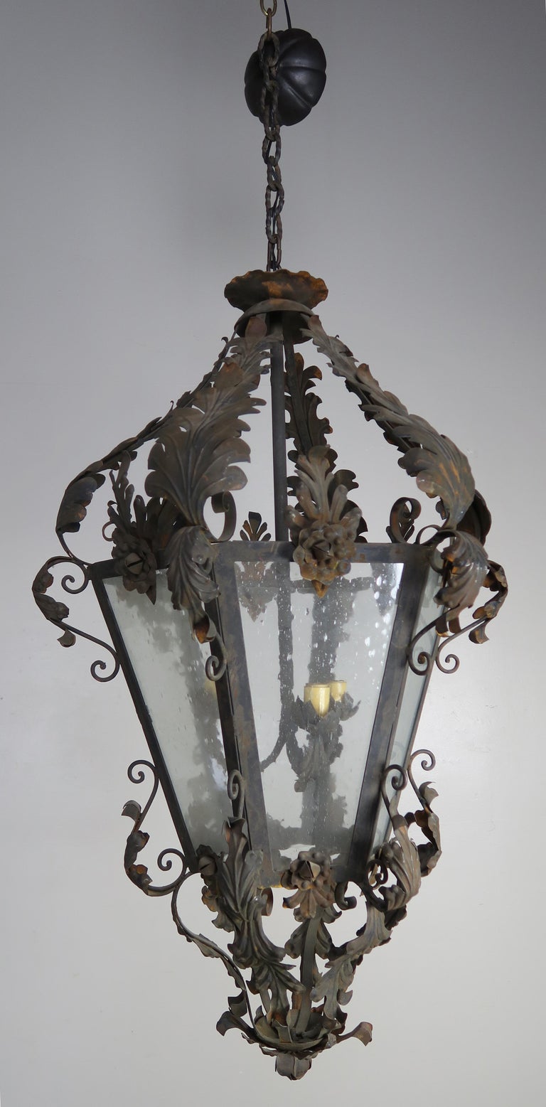 Spanish Wrought Iron and Reeded Glass Lantern, circa 1930s