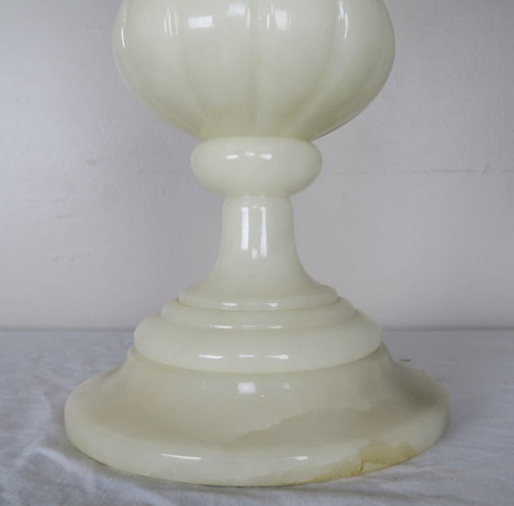 Cream Alabaster Urn Shaped Lamps with Hand Painted Parchment Shades, Pair