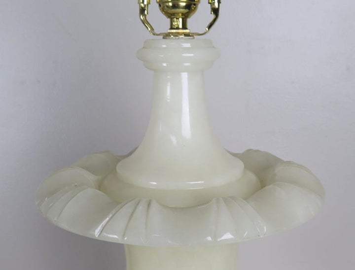 Cream Alabaster Urn Shaped Lamps with Hand Painted Parchment Shades, Pair