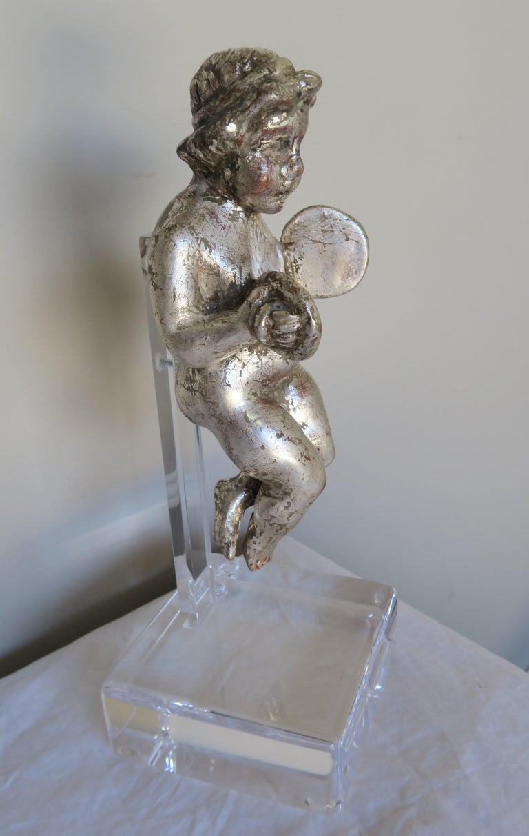 Set of Three Silver Gilt Musical Cherubs on Lucite Bases