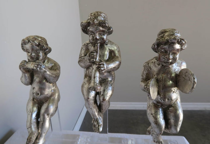 Set of Three Silver Gilt Musical Cherubs on Lucite Bases