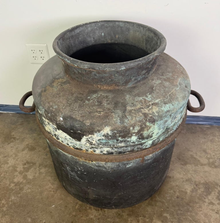 Antique Copper Storage Vessel with Verdigris Patina, 19th Century