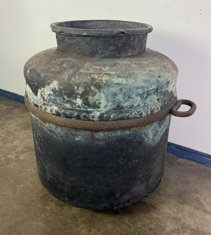 Antique Copper Storage Vessel with Verdigris Patina, 19th Century