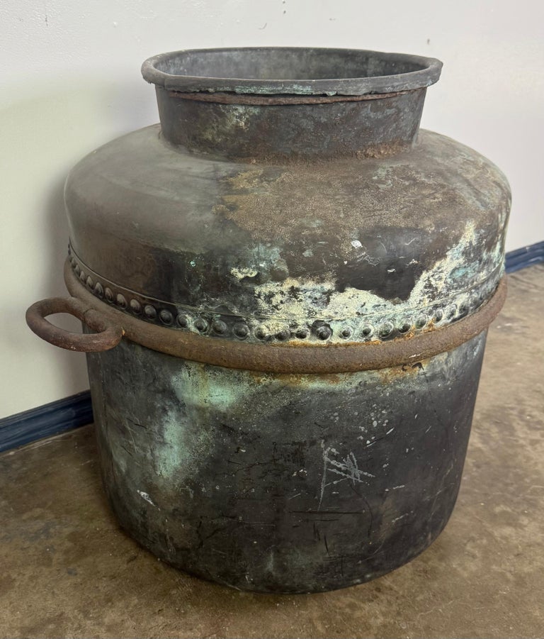 Antique Copper Storage Vessel with Verdigris Patina, 19th Century