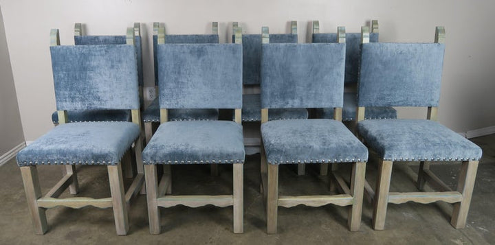 Set of 10 Spanish Painted Walnut Dining Chairs with Aqua Velvet Upholstery