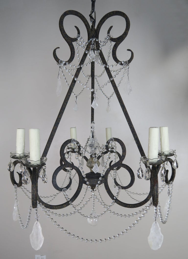 Six-Light Rock Crystal Wrought Iron Chandelier