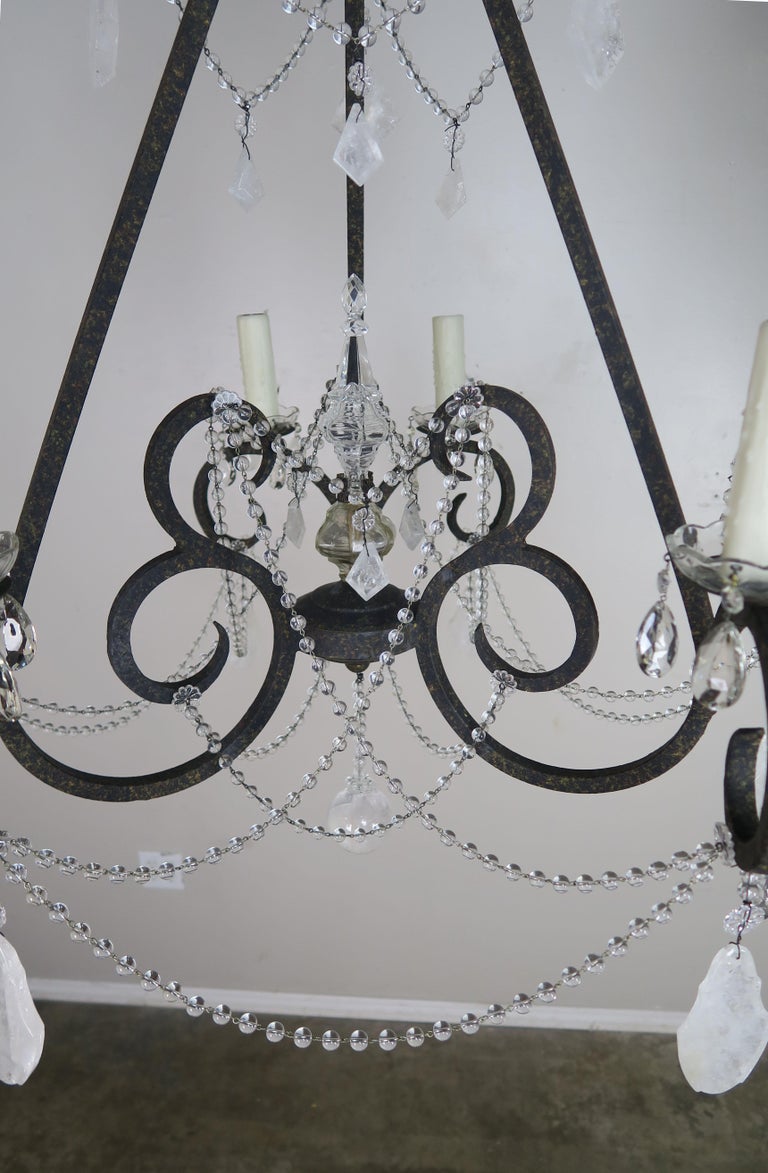 Six-Light Rock Crystal Wrought Iron Chandelier