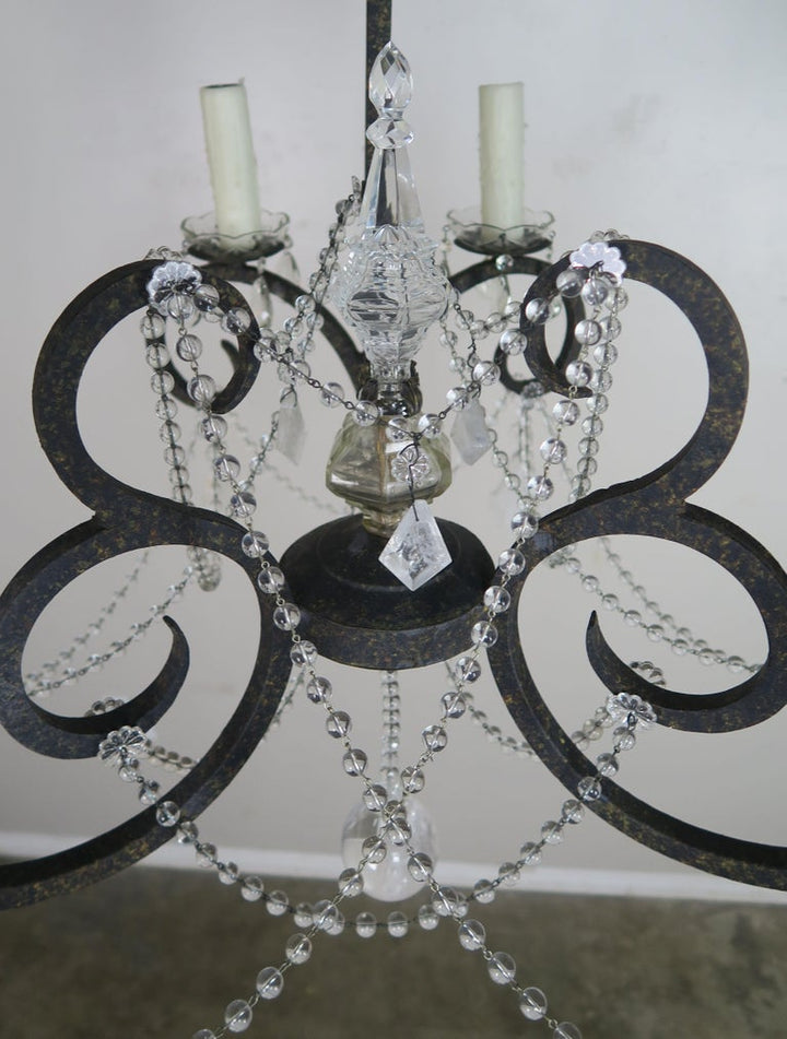 Six-Light Rock Crystal Wrought Iron Chandelier