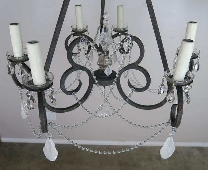 Six-Light Rock Crystal Wrought Iron Chandelier