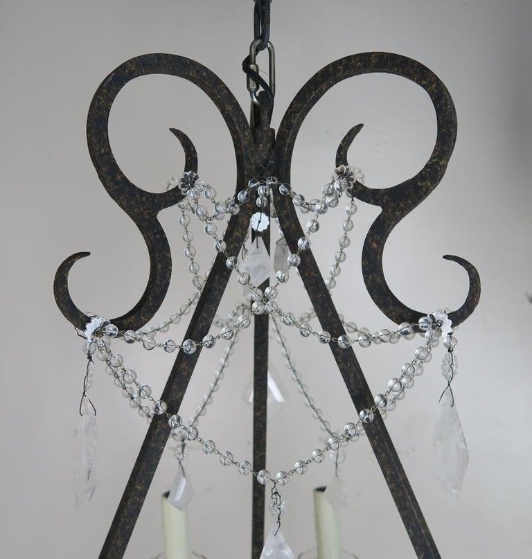 Six-Light Rock Crystal Wrought Iron Chandelier