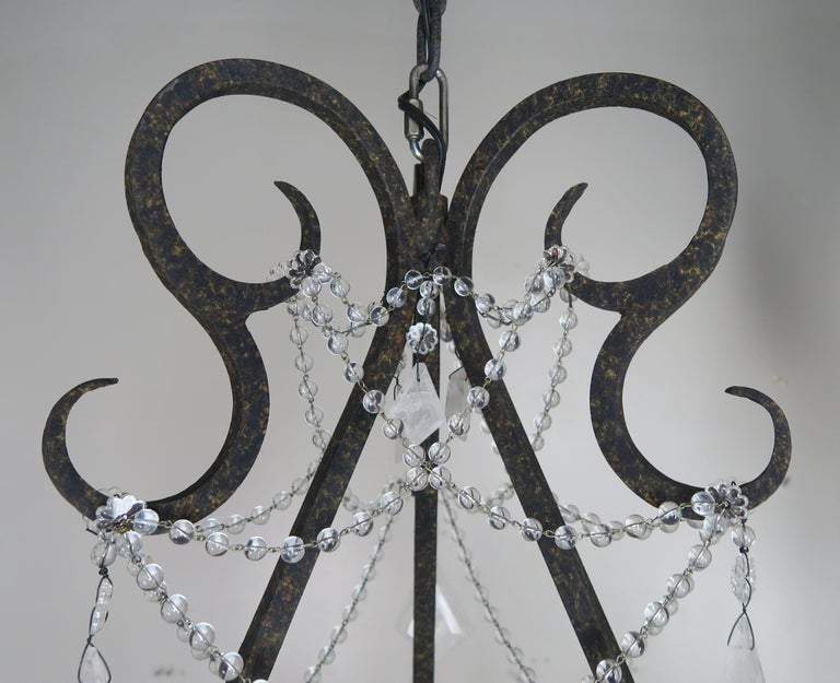 Six-Light Rock Crystal Wrought Iron Chandelier