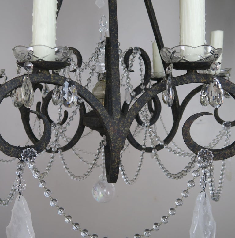 Six-Light Rock Crystal Wrought Iron Chandelier