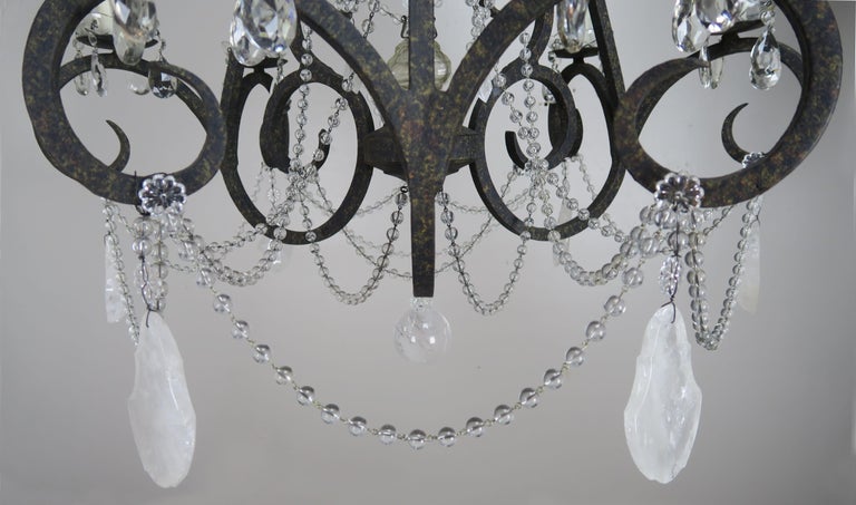 Six-Light Rock Crystal Wrought Iron Chandelier