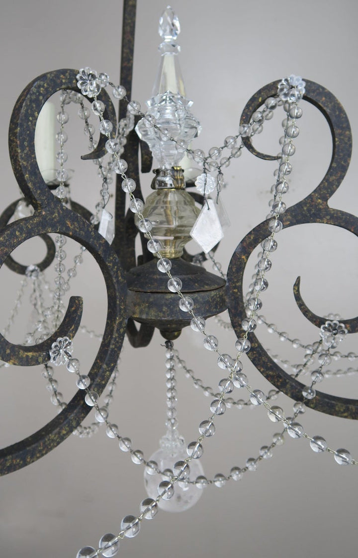 Six-Light Rock Crystal Wrought Iron Chandelier