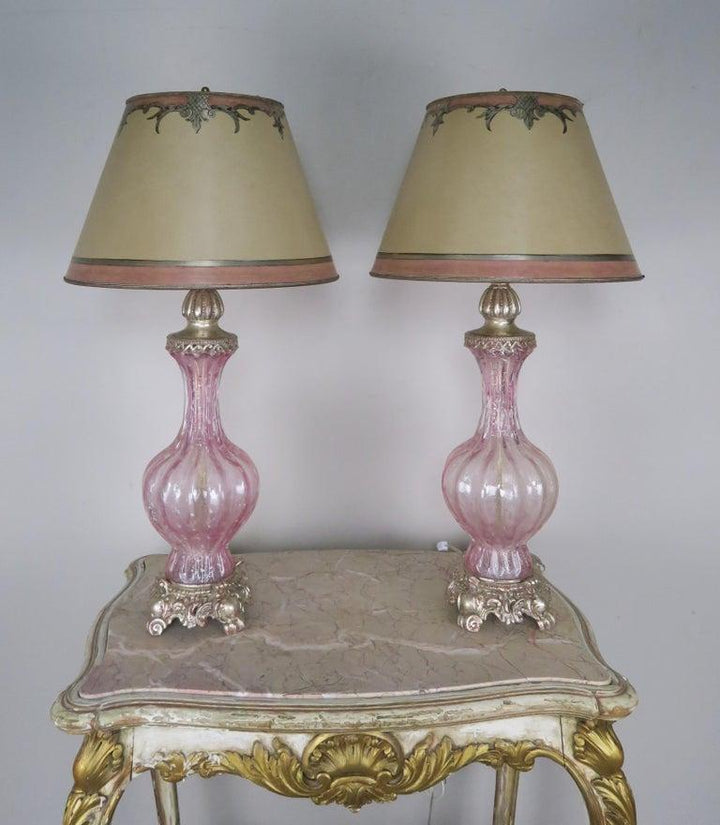 Pair of Italian Pink Murano Glass Lamps with Parchment Shades