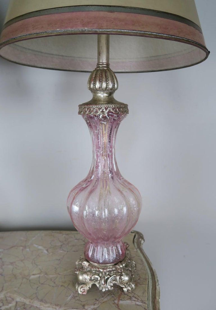 Pair of Italian Pink Murano Glass Lamps with Parchment Shades