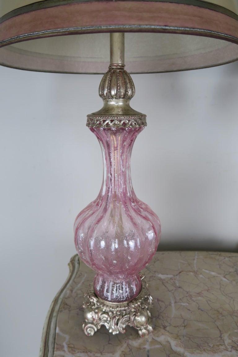 Pair of Italian Pink Murano Glass Lamps with Parchment Shades