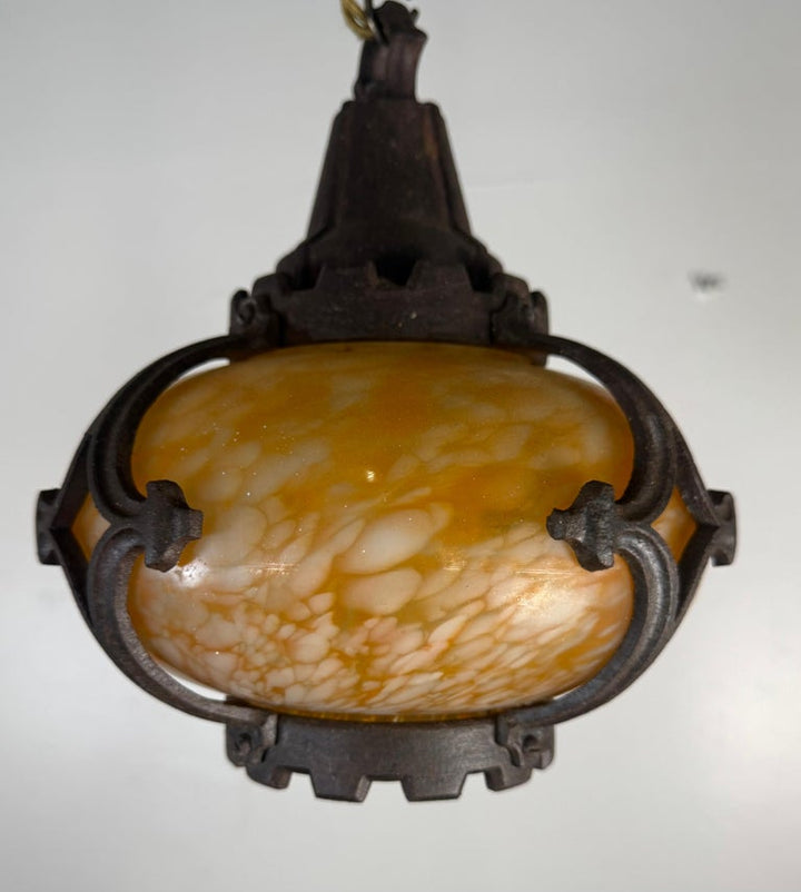 Pair of Antique Revival Hanging Pendant Lights with Marbled Glass Shades